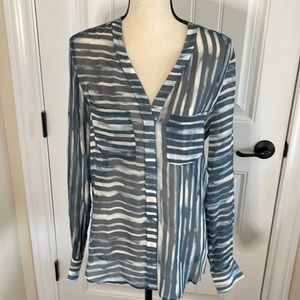Rachel Roy Long Sleeve 100% Silk Button V-Neck Boho Striped Blue Blouse …